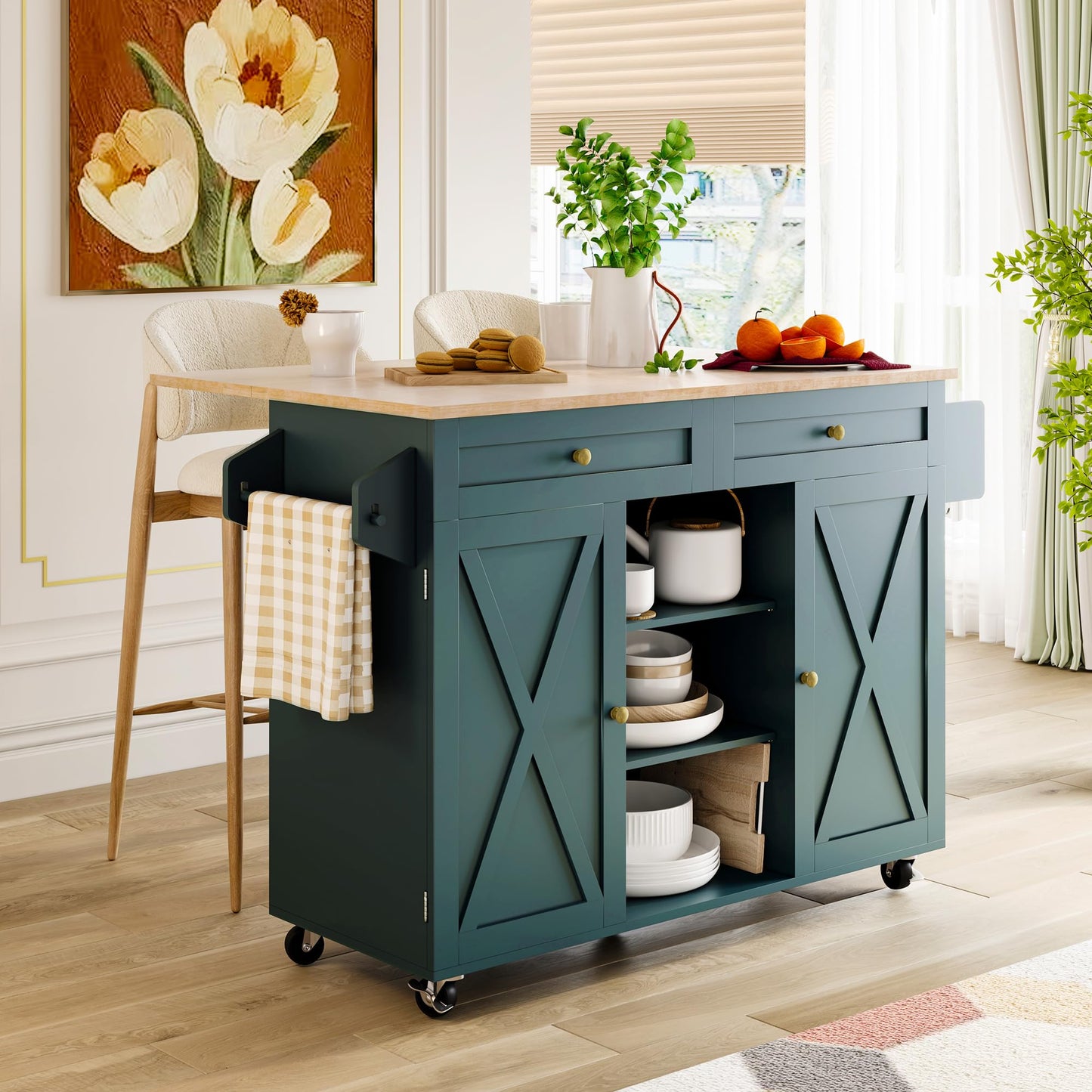 HOLTICO Kücheninsel auf Rädern, rollbarer Inselwagen mit abklappbarer Arbeitsplatte, Lagerungsschrank & Turmregal – praktischer Tisch für Küche & Esszimmer, Grün.