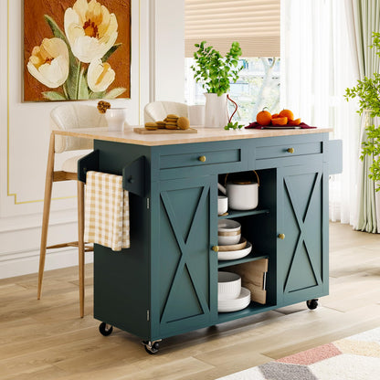 HOLTICO Kücheninsel auf Rädern, rollbarer Inselwagen mit abklappbarer Arbeitsplatte, Lagerungsschrank & Turmregal – praktischer Tisch für Küche & Esszimmer, Grün.