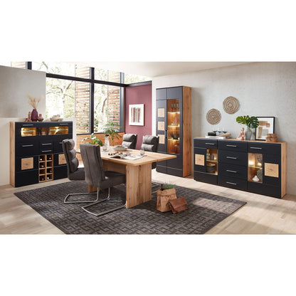 Stella Trading SONATE Barschrank, modernes Highboard in Eiche Altholz Optik & Schwarz, mit Flaschenregal & LED-Beleuchtung, 120x128x37 cm.