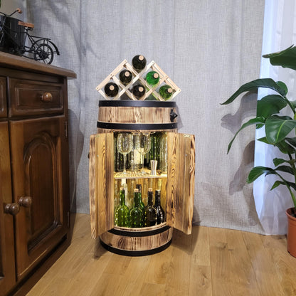 weeco Holzfass Barschrank, rustikale Hausbar mit Türen & LED-Beleuchtung, klappbarer mobiler Weinflaschenhalter für Alkoholflaschen, 80x50x44 cm.